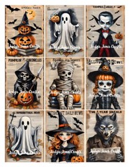 (9) Halloween Retro Spooky Collage Glossy Stickers~Scrapbook~Label~Parties~#317S