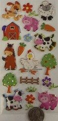 PUFFY FOIL FARM ANIMAL Stickers(19pc)Cow•Chicken•Pig •Barn•Horse•Card Making•
