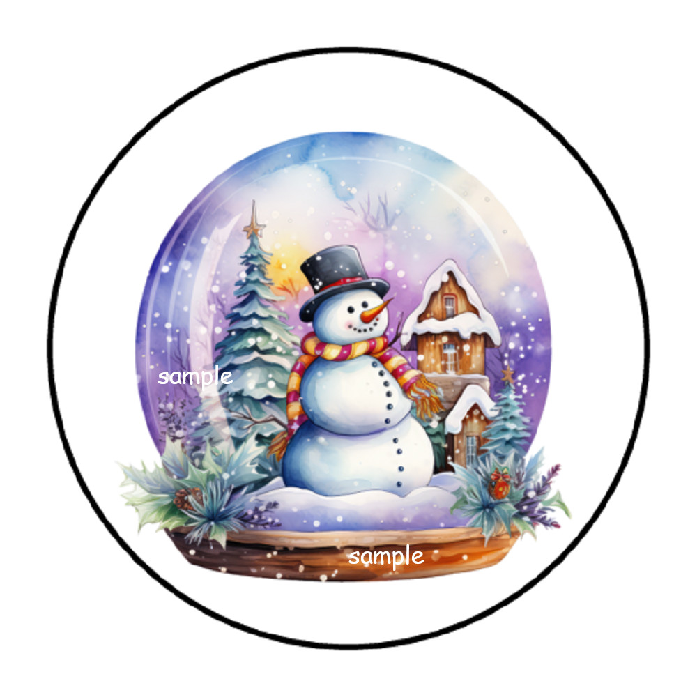 30 CHRISTMAS SNOW GLOBE STICKERS ENVELOPE SEALS LABELS 1.5″ ROUND SNOWMAN WINTER