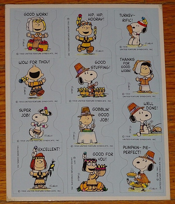VTG HALLMARK PEANUTS~SNOOPY~CHARLIE BROWN~INDIAN & COWBOY THANKSGIVING STICKERS
