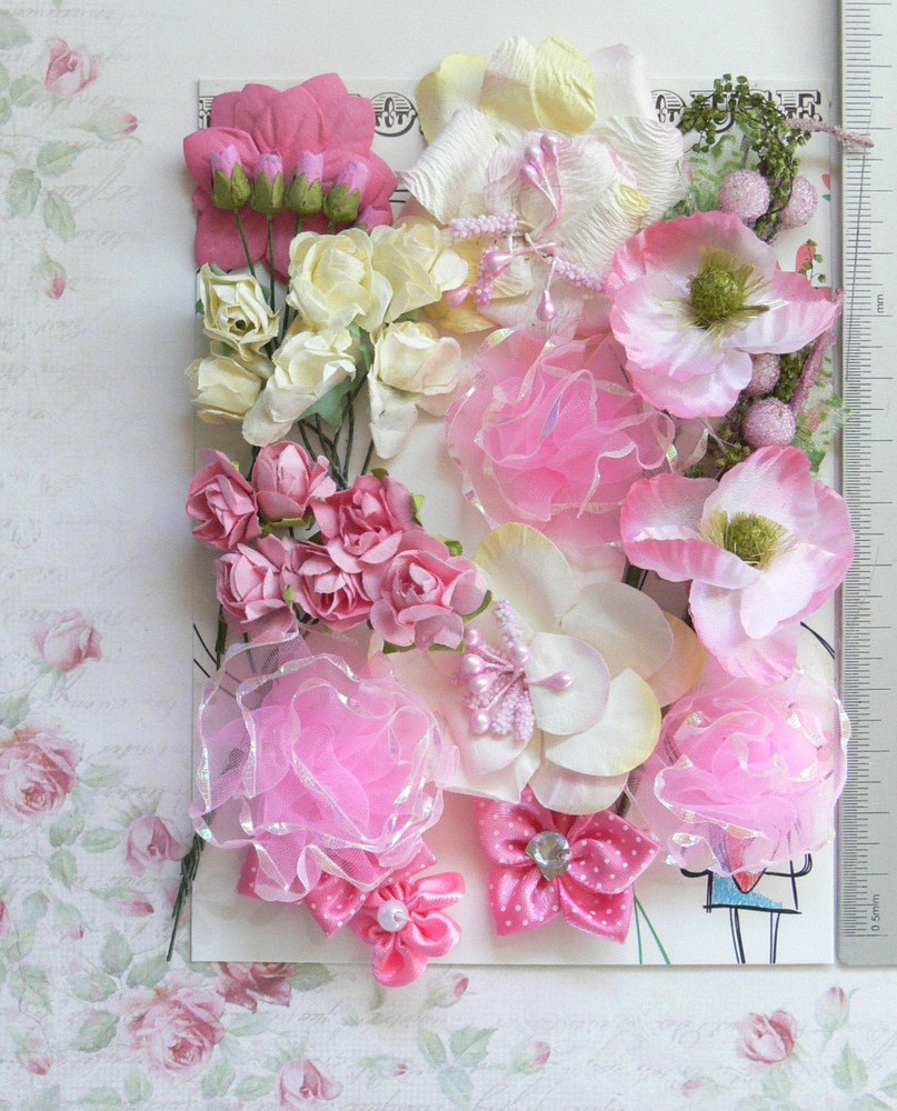 PINK & IVORY 9 Styles 30 Paper – Flowers, Roses & Silk Flowers 5-50mm VD2