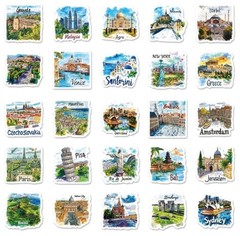 50 Pcs Retro European World Travel Cities Vinyl Waterproof Journal Refrigerator