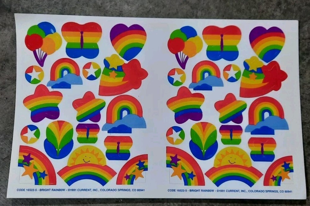 Vintage 1991 Current Bright Rainbow Stars Butterflies Hearts Sticker Sheet NOS
