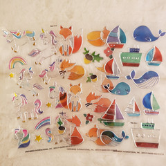 3 Stained Glass Inspired Plastic Animal Sticker Sheet – Unicorns, Foxes, Whales