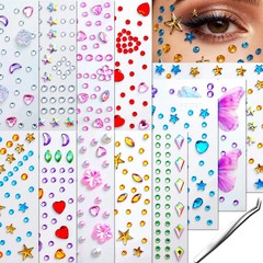 Face Gem Stickers,12 Sheets Self-Adhesive Face Rhinestones for Makeup,Acrylic Bl