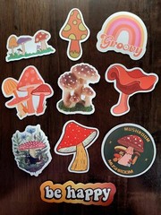 STICKERS x 10 Mushrooms Positive Reminder Be Happy Mushroom Groovy Sticker FEBF8