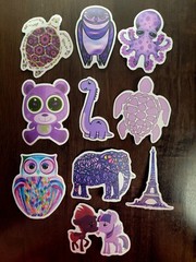 STICKERS x 10 Purple Inspiration Owl Turtle Elephant Bear Pony Dino Eiffel 32B1