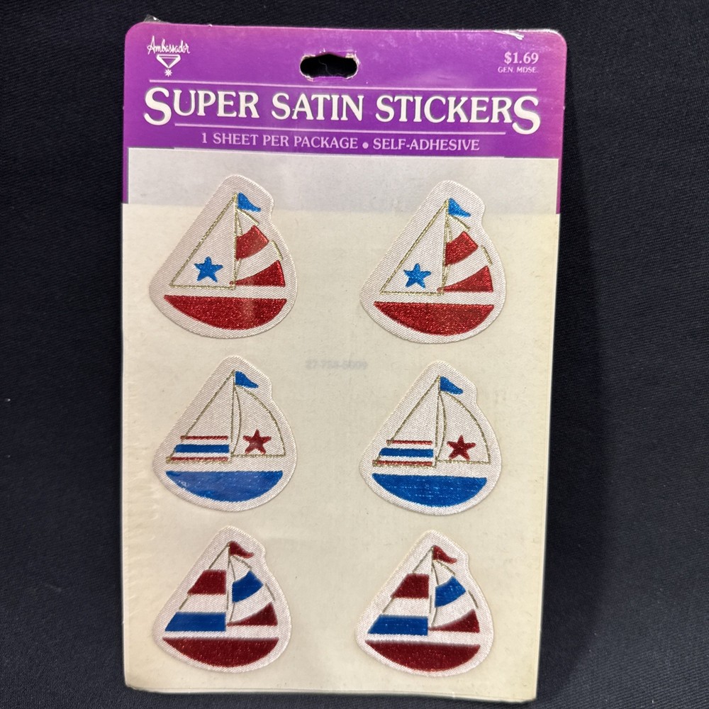 Vintage 1980s Red Blue Sailboats Balloons Super Satin Stickers NIP (d) New