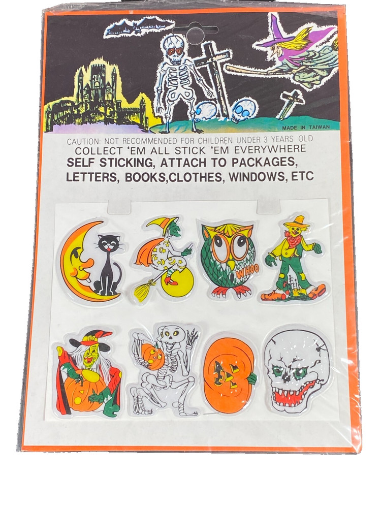 Puffy Halloween Stickers Vintage Made In Taiwan Witch Pumpkin Skull Cat