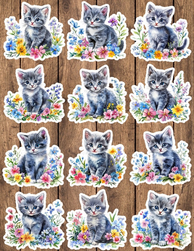 Gray Kitten Flowers Die Cut Stickers Set Scrapbooking Laptop Waterbottle