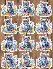 Gray Kitten Flowers Die Cut Stickers Set Scrapbooking Laptop Waterbottle