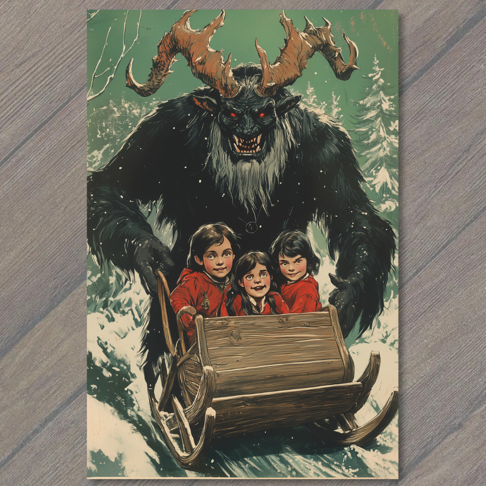 STICKER Krampus Sledding Kids Winter Christmas Horror Retro Holiday Creepy