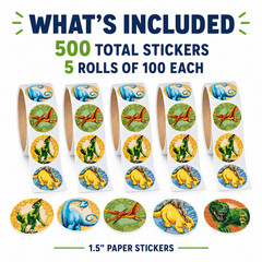500 Dinosaur Stickers 1.5″ Roll Prehistoric T Rex Party Favors Classroom