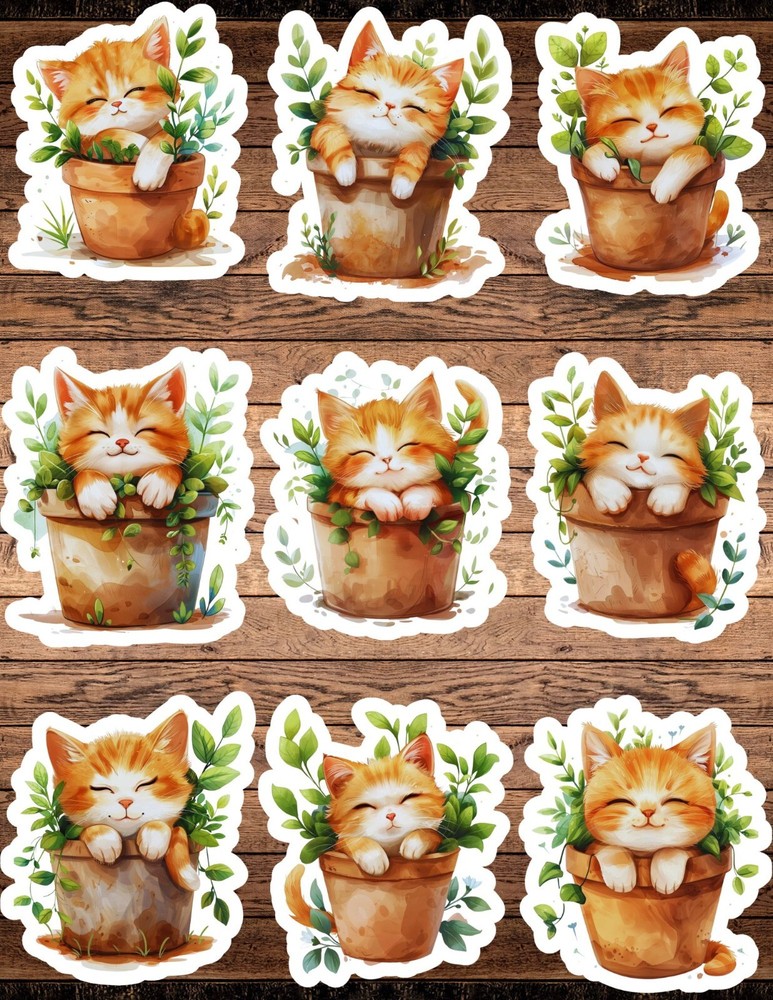 Kitten In A Pot Die Cut Vinyl Stickers Set Scrapbooking Laptop WaterBottle