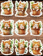 Kitten In A Pot Die Cut Vinyl Stickers Set Scrapbooking Laptop WaterBottle