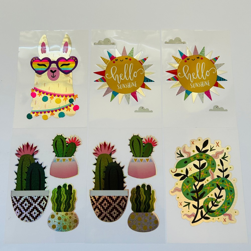Vintage Y2K Retro Die Cut Prism Glitter Foil Decals CACTI SNAKE LLAMA SUNSHINE