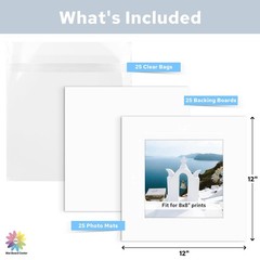 Mat Board Center, Pack of 25 12×12 Photo Mat + Backing + Bag, Pre Cut mat Boa…