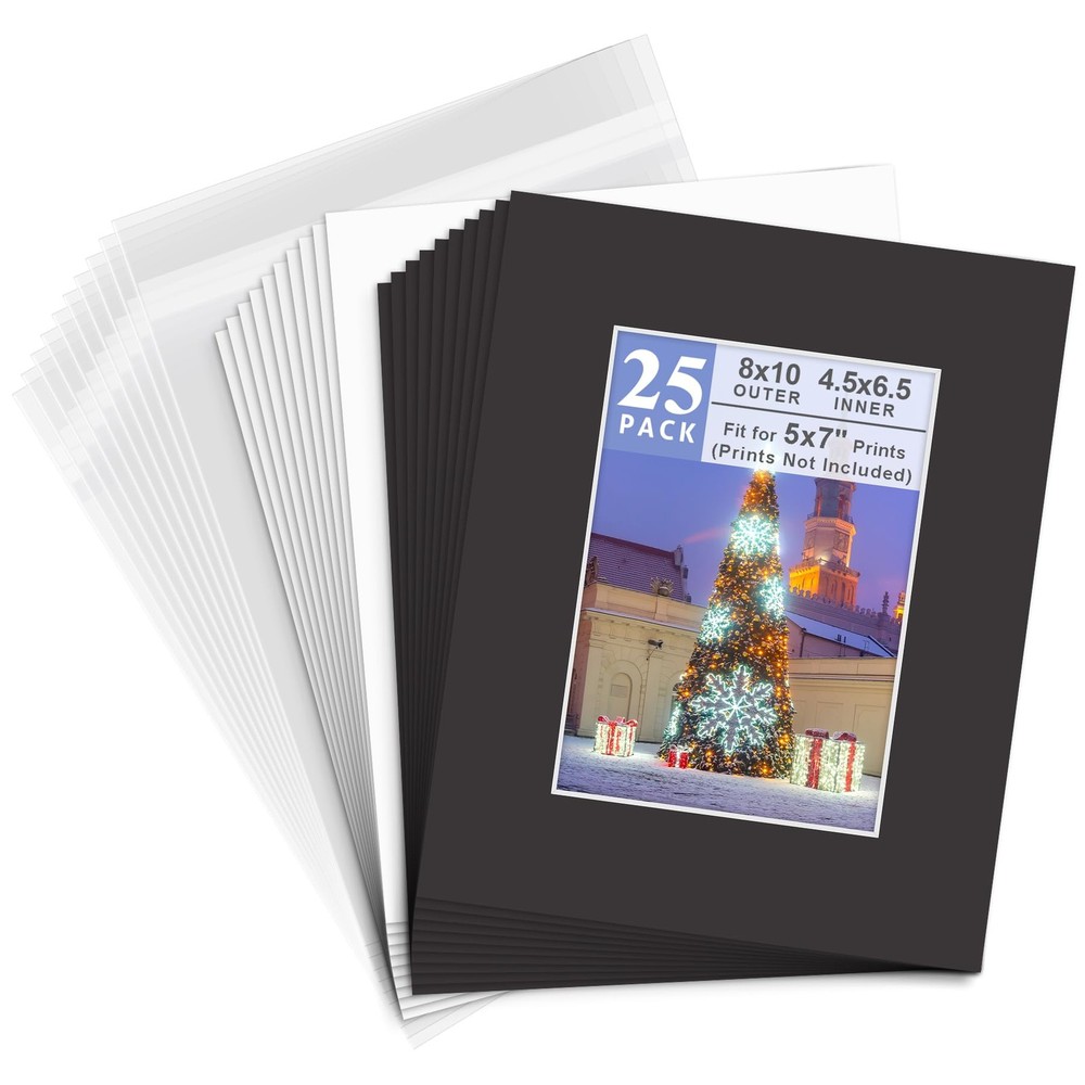 , Pack of 25 Black Pre-Cut 8×10 Picture Mat for 5×7 Photo with White Core Bev…