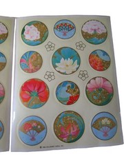 Floral Fans Asian Inspired Round Sticker Seals Vintage Hallmark Two Sheets GUC