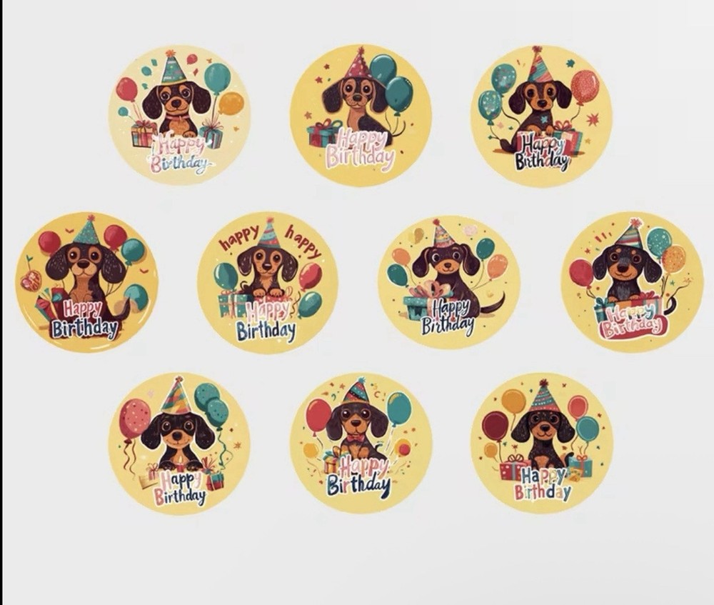 40 PCs Round 1” Happy Birthday Daschsund Dog Cartoon Stickers Card Envelope Seal