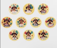 40 PCs Round 1” Happy Birthday Daschsund Dog Cartoon Stickers Card Envelope Seal