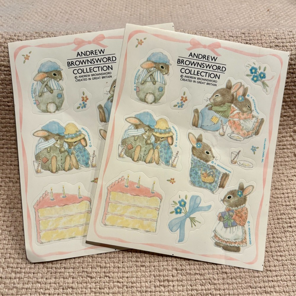 Vintage Hallmark Andrew Brownsword Stickers 2 Sheets Spring Bunny Rabbits