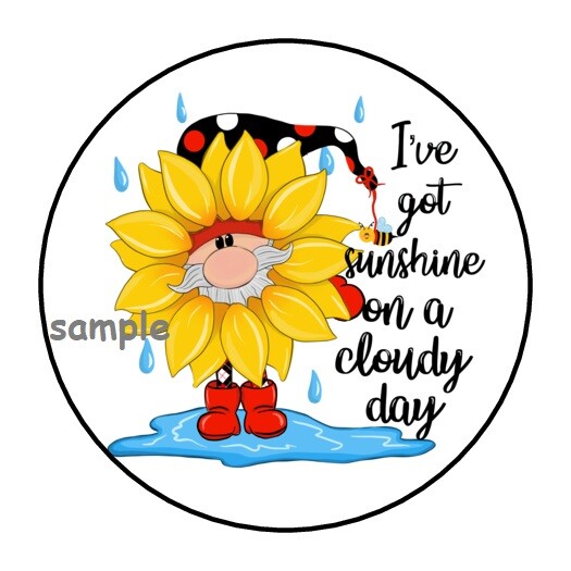 30 GNOME FLOWER ENVELOPE SEALS LABELS STICKERS 1.5″ ROUND SUNSHINE ON CLOUDY DAY