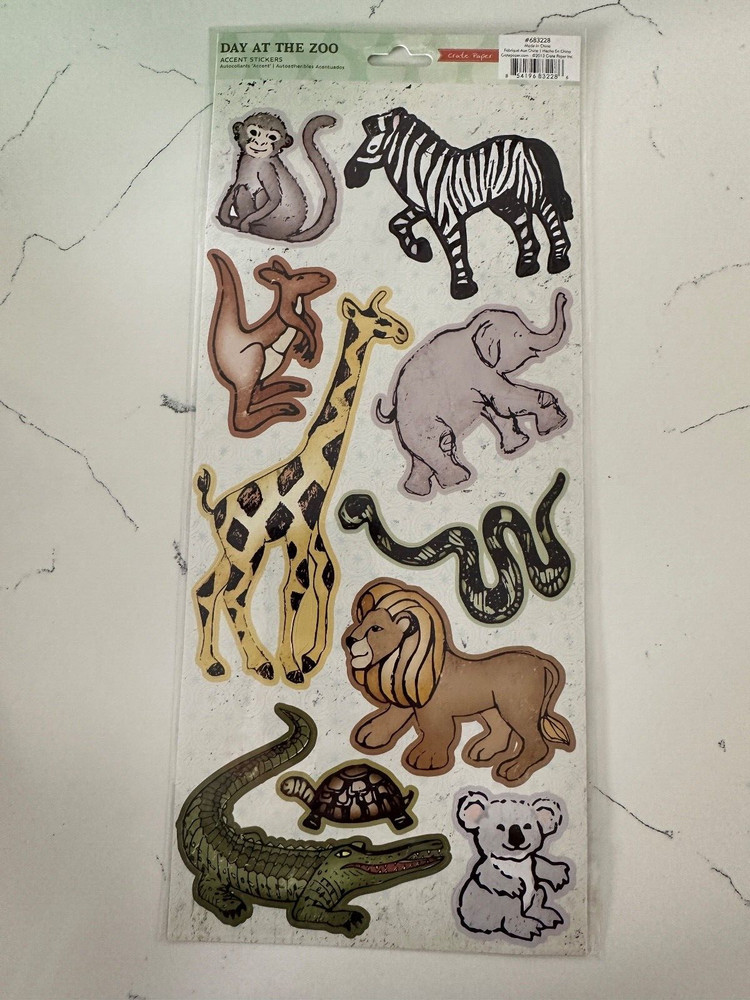 Crate Paper Day At The Zoo Accent Stickers Zebra Elephant Lion Kola Scrapbooking