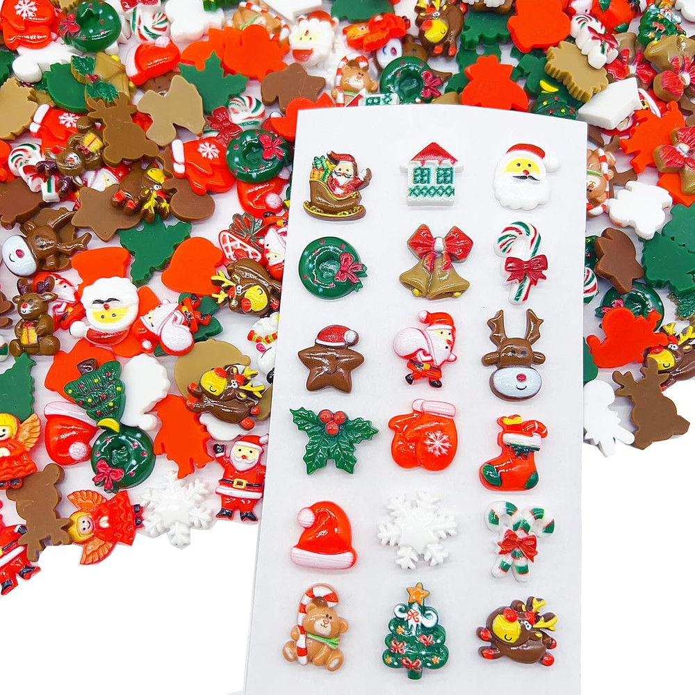 100Pcs Christmas Embellishments Set, Flat Back Bulk Mixed Resin Ornament Scrapbo