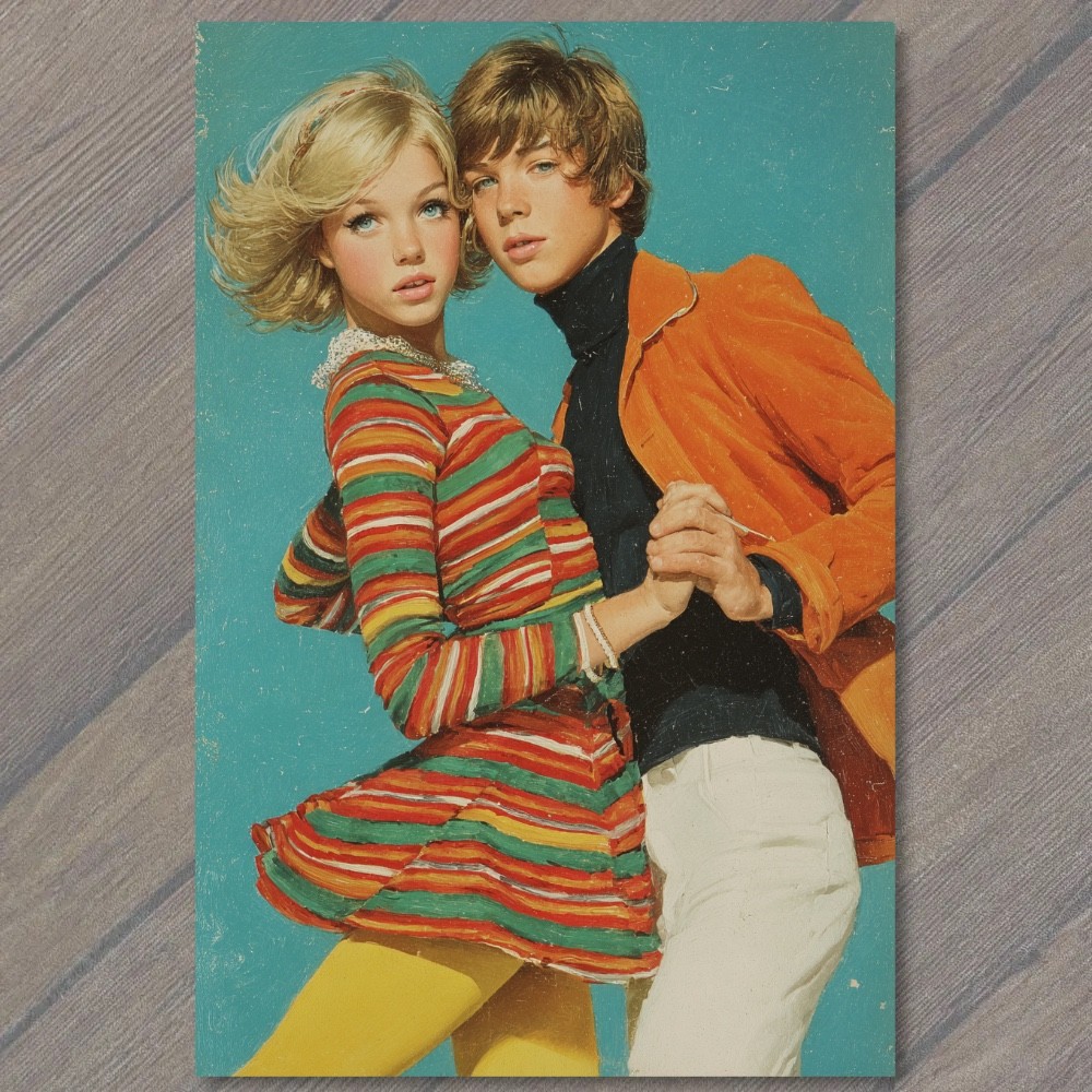 STICKER Mod Couple Striped Dress Orange Jacket Retro Fashion Romance Pose