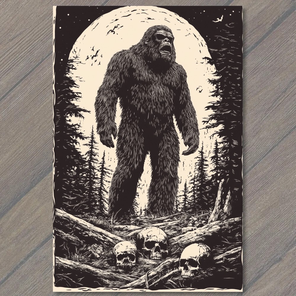 STICKER Bigfoot Walking Moonlit Forest Skulls Trees Mythical Creature Strange