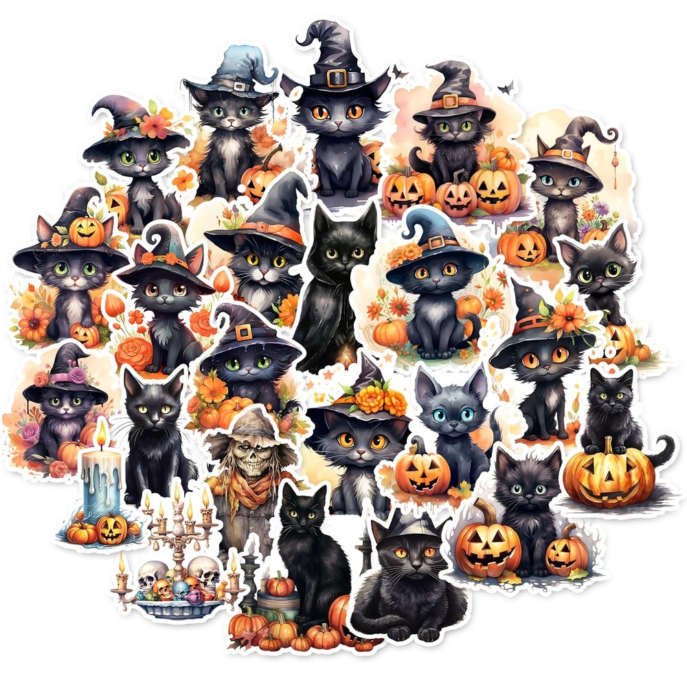 100 Pcs Black Cat and Witch Stickers, Horrible Pumpkin Stickers Wansheng-2
