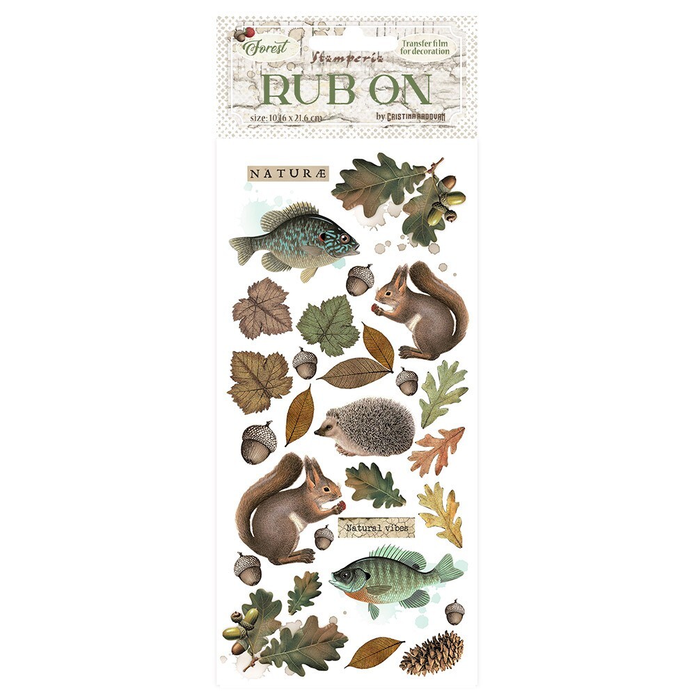 Stamperia – FOREST – LEAVES & ANIMALS – RUB ON 4″ x 8.5″, Squirrel, Fish