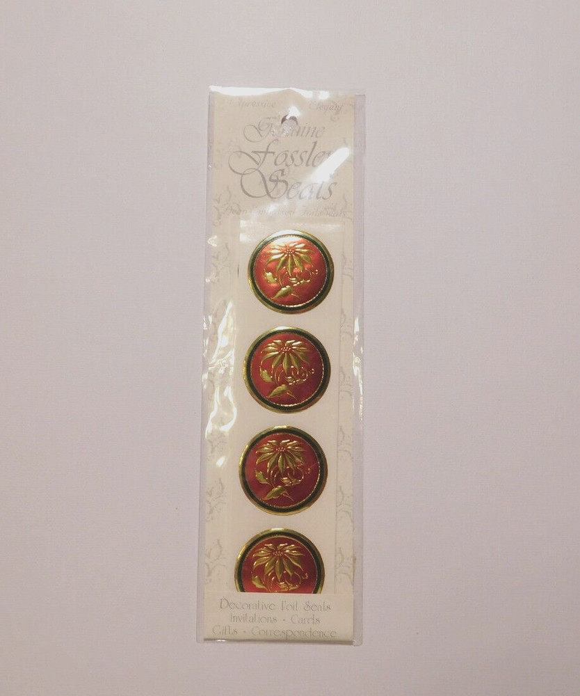 Fossler 24 (6 strips of 4) Vintage Envelope Seals ~Poinsettia~ Stickers NIP