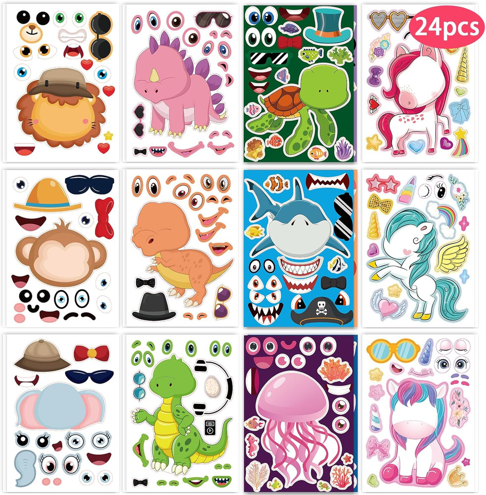 24 Pcs Make Your Own Sticker Sheets for Kids, Mix and Match Animal Face Stickers