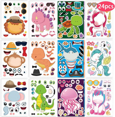 24 Pcs Make Your Own Sticker Sheets for Kids, Mix and Match Animal Face Stickers