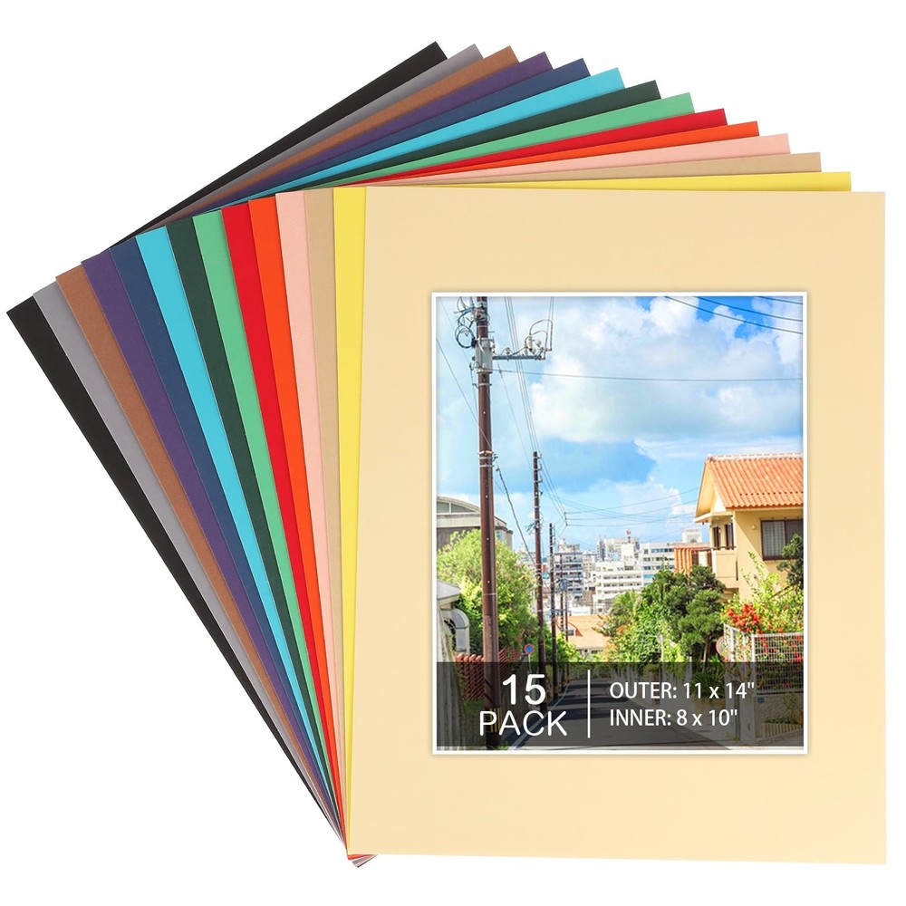 Prudiut 15 Pack 11×14 Picture Mats, Mixed Colors Frame Mattes for 8 x10 Pictures