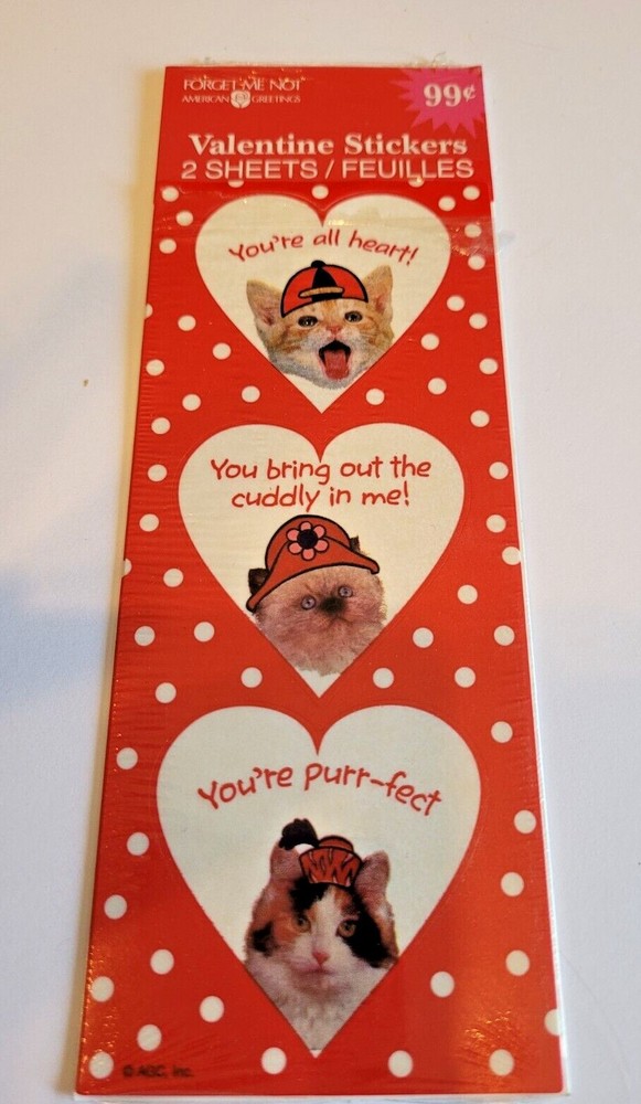Forget me Not Kitty Cat Heart sheet stickers Vintage 90s Valentine Love New USA