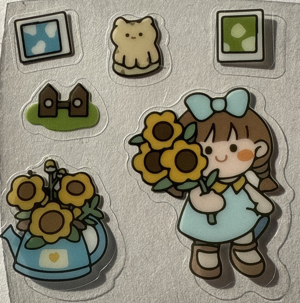 LITTLE SUNFLOWER GIRL Mylar Stickers(6pc)Kid•Flowers•Teapot•Pictures•Card Making