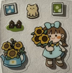 LITTLE SUNFLOWER GIRL Mylar Stickers(6pc)Kid•Flowers•Teapot•Pictures•Card Making