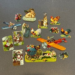 Vintage Airplane & Easter Die Cut Scrap Lot 15 Pc Rabbits Roosters Angels German
