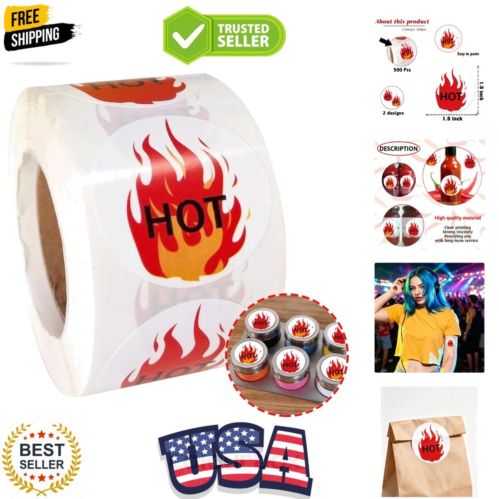 Fluorescent Red Hot Stickers, 500/Roll 1.5 Inch HOT Imprint Flame Labels for …