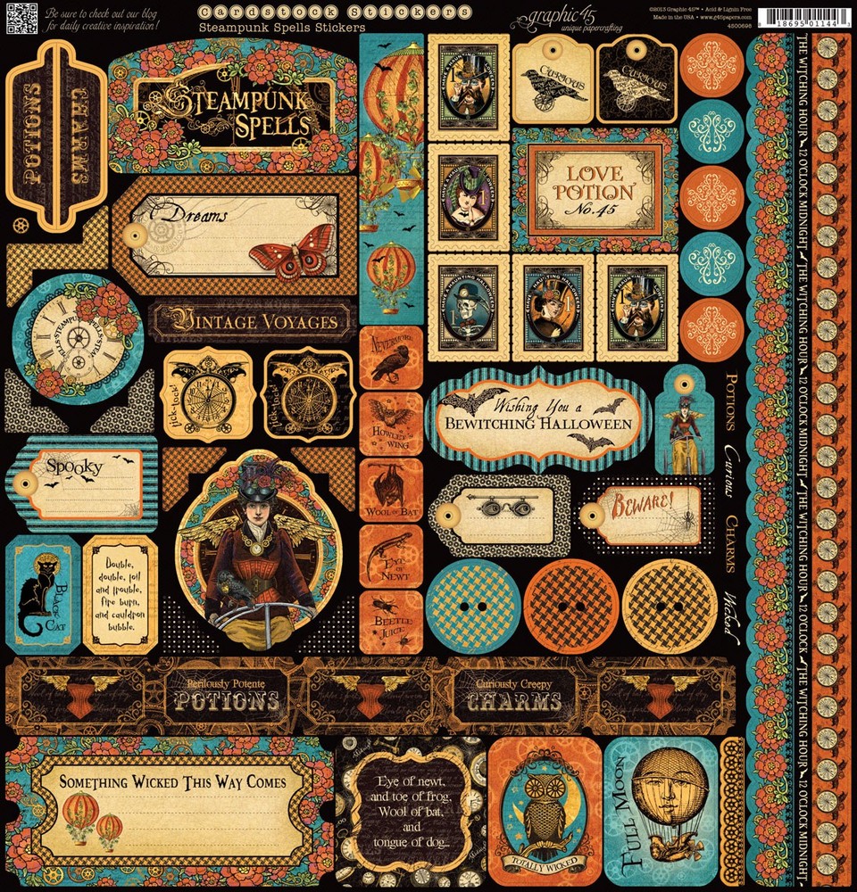 Graphic45 STEAMPUNK SPELLS 12×12 Cardstock Sticker Sheet scrapbooking *RETIRED*