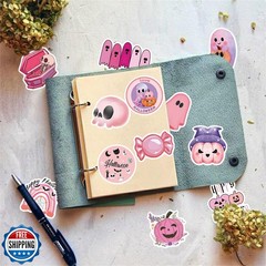50pcs Pink Halloween Stickers,Pink Ghost and Pumpkin Sticker Kawaii Ghost Sty