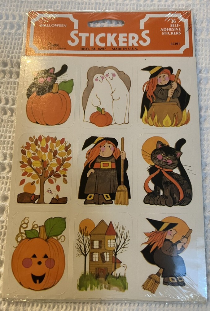 Eureka Halloween Witch, Cat, Friendly Ghost 36 Stickers Vtg 1980s New In Package