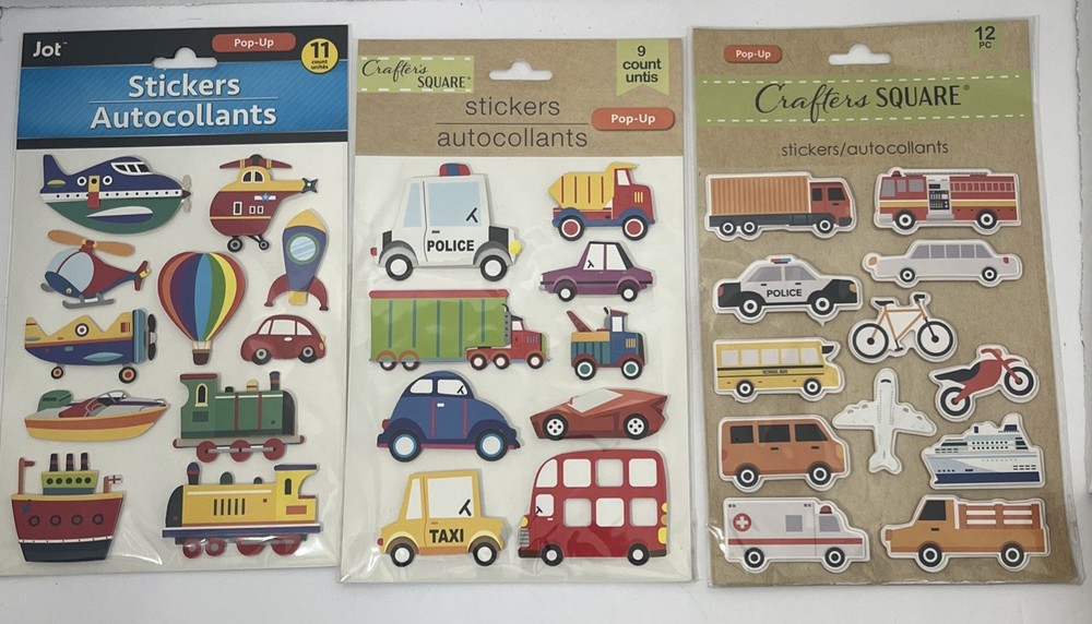 Transportation Pop Up Stickers 3 Sheets Approx 2-3×1-2 Inch Car Plane Truck Boat