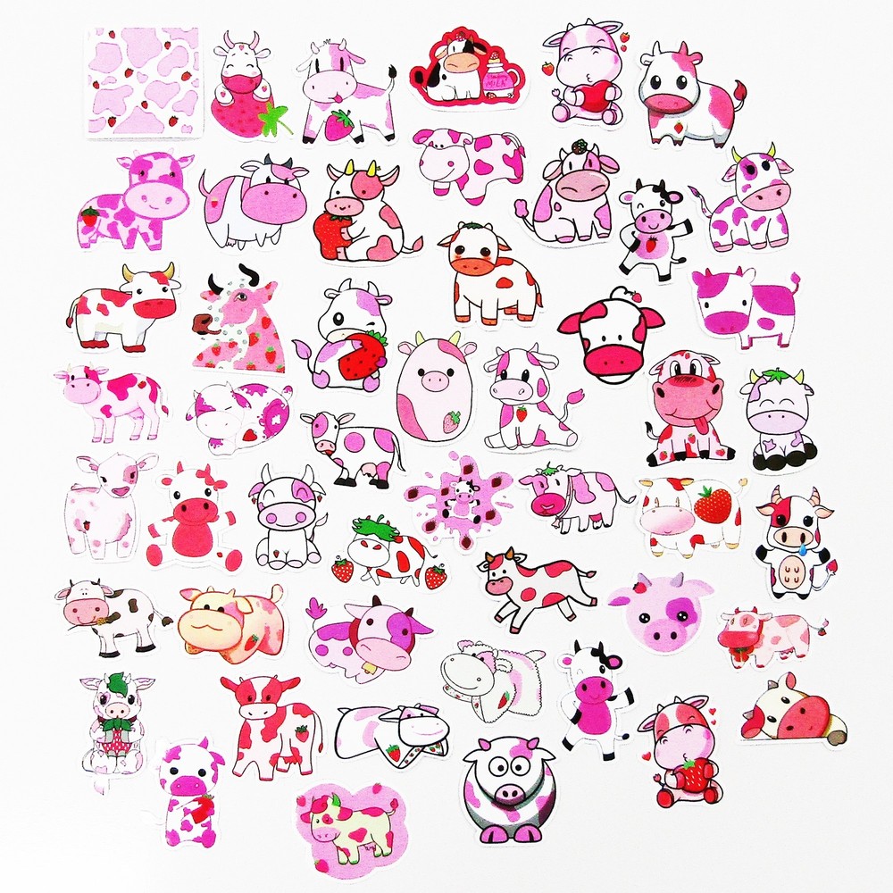 50pcs Strawberry Cow Sticker Bundle Schoolbooks Cards Junk Journal