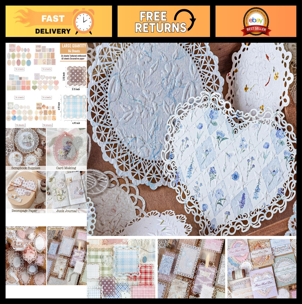 84Pcs Vintage Textured Scrapbook Paper Kit, Embossed Decorative Ephemera for Jun