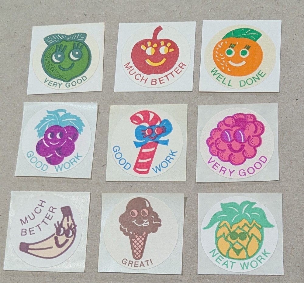 Vintage Matte CTP 77 1977 Scratch & Sniff GOOD WORK Phrases Stickers Set of 9