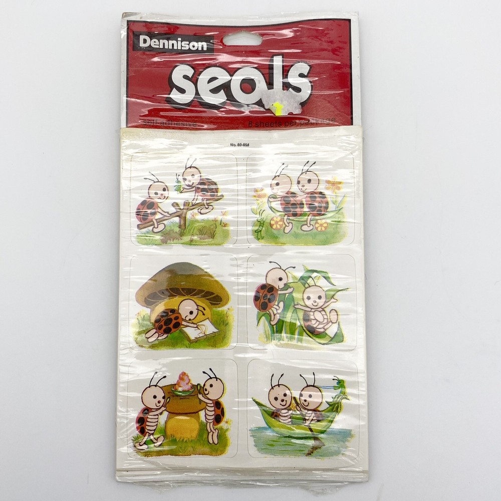 Vintage Dennison Sticker Seals Anthropomorphic Lady Bugs Playing 48 Count NOS